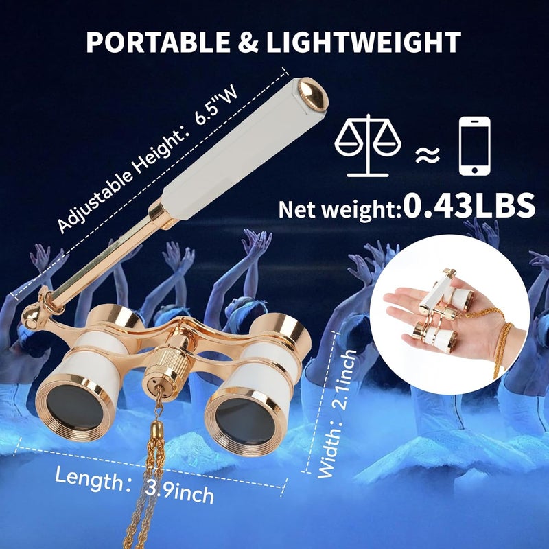 BOSTRON 3X25 Opera Glasses for Women, Theater Binoculars with Adjustable Handle & Chain,Portable Vintage Theater Glasses Compact Binoculars for Adults Kids for Music Concerts Opera Houses Cinema,White - Image 4